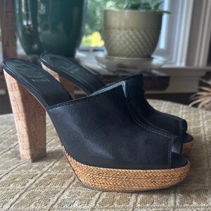 Stuart Weitzman Black Leather Peep-Toe Mules